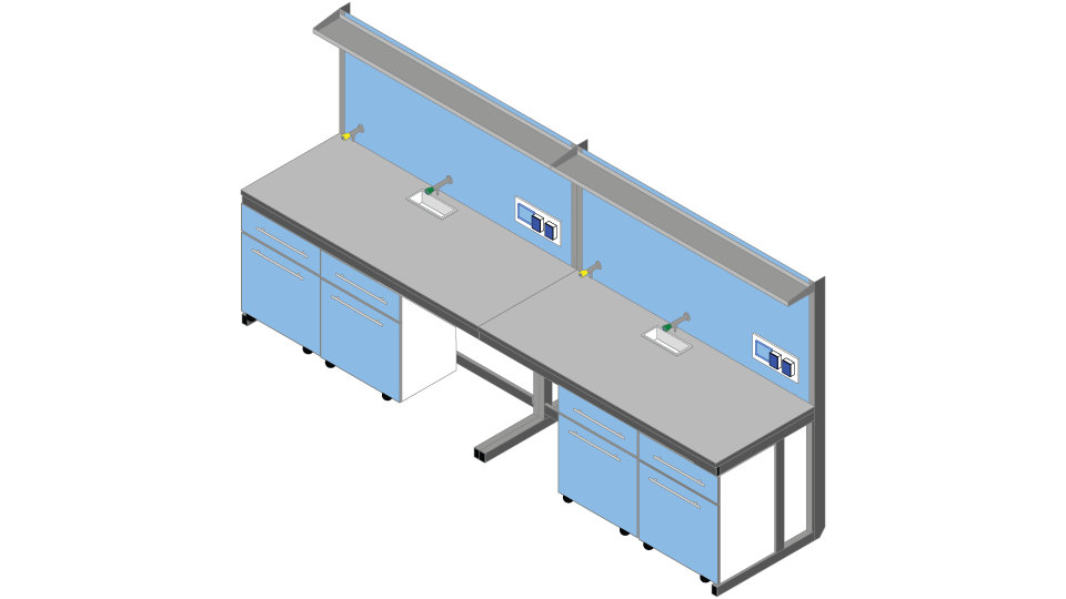 Banco parete piano Laminato HPL Duropal cm 360 x 83 x 90-170H con Modulo tecnico porta servizi e 1 ripiano