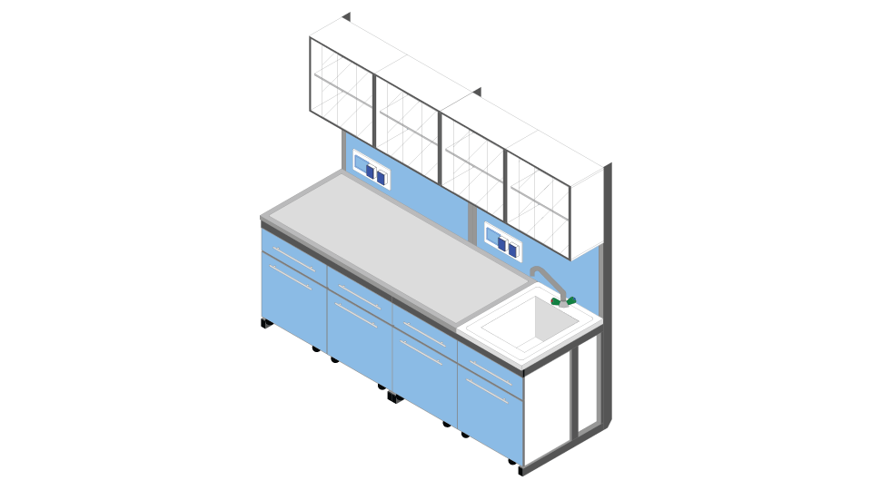 BANCO PER FARMACIA CON VETRINA PIANO PORCELLANATO MONOLITICO CM 240X83X90/200H STRUTTURA AUTOPORTANTE
