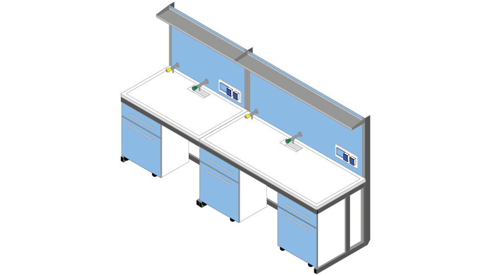 Banco parete piano Polipropilene cm 300 x 83 x 90-170H con Modulo Tecnico porta servizi e 1 ripiano