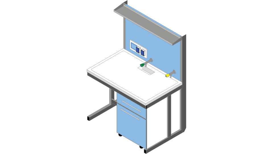Banco parete piano Polipropilene cm 120 x 83 x 90-170H con Modulo tecnico porta servizi e 1 ripiano