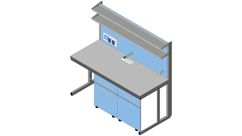 Banco parete piano Laminato HPL Duropal cm 180 x 83 x 90-170H con Modulo tecnico porta servizi e 2 ripiani