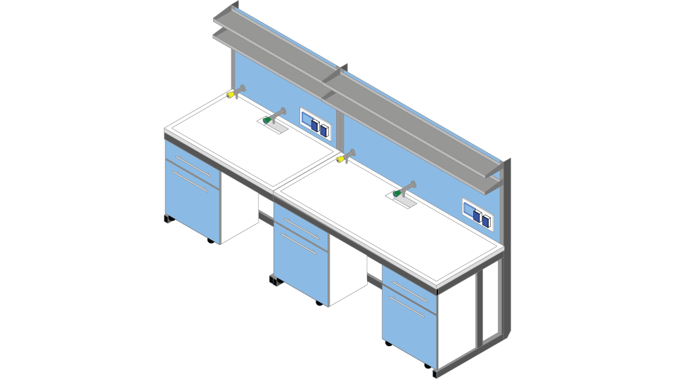 Banco parete piano Polipropilene cm 300 x 83 x 90-170H con Modulo tecnico porta servizi e 2 ripiani