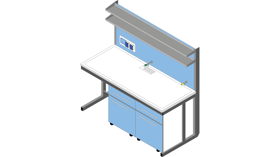 Banco parete piano Polipropilene cm 180 x 83 x 90-170H con Modulo tecnico porta servizi e 2 ripiani