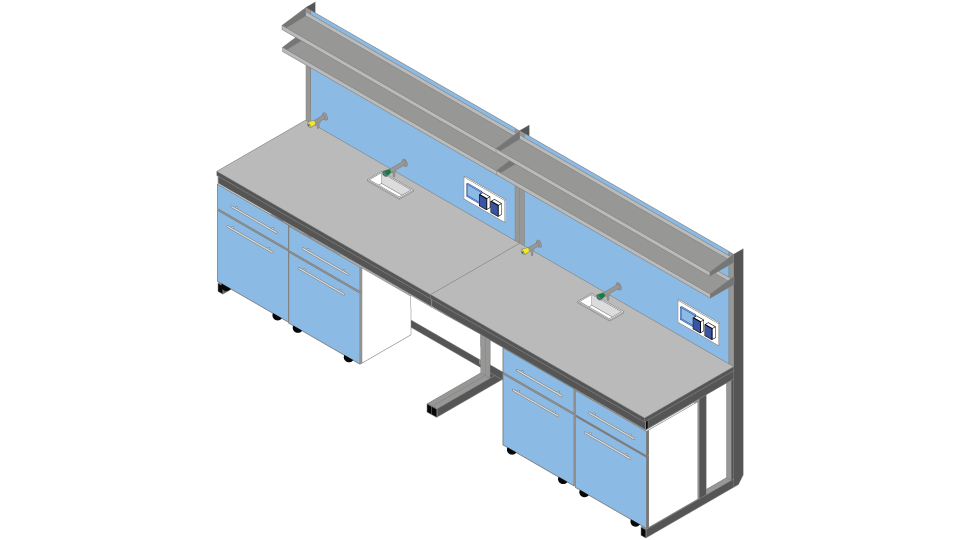 Banco parete piano Laminato HPL Duropal cm 360 x 83 x 90-170H con Modulo tecnico porta servizi e 2 ripiani
