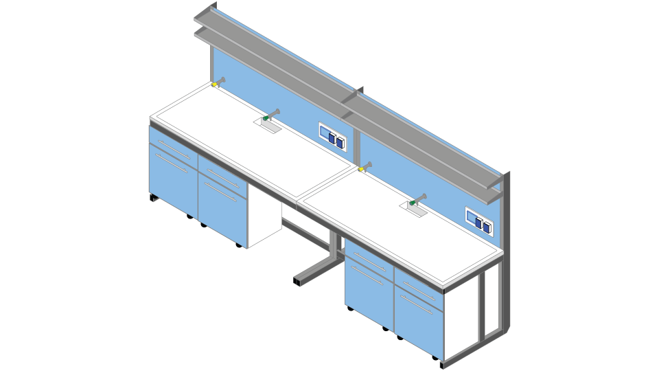 Banco parete piano Polipropilene cm 360 x 83 x 90-170H con Modulo tecnico porta servizi e 2 ripiani