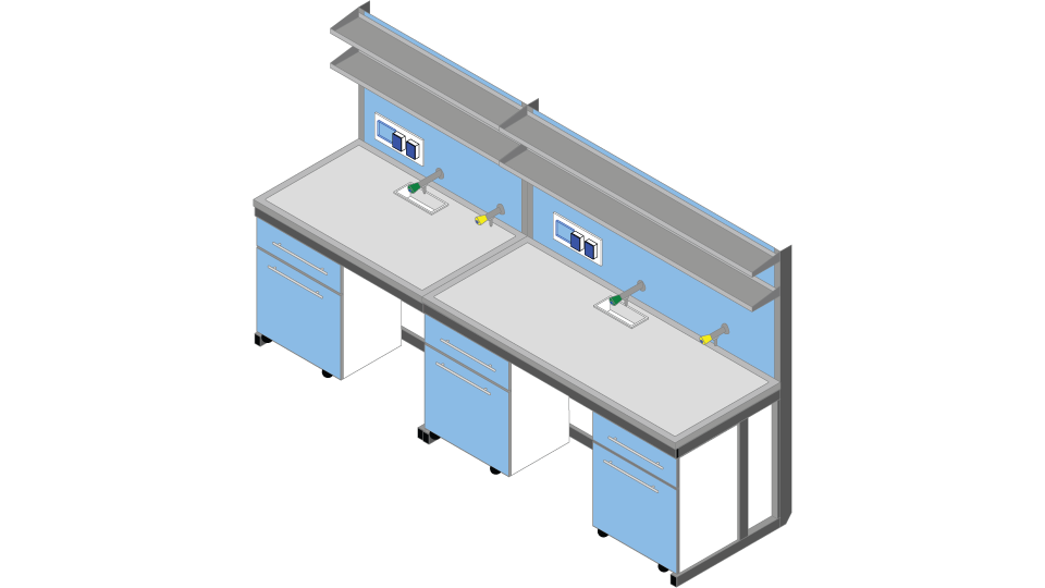 Banco parete piano Porcellanato Monolitico su base acciaio cm 300 x 83 x 90-170H con Modulo tecnico porta servizi e 2 ripiani