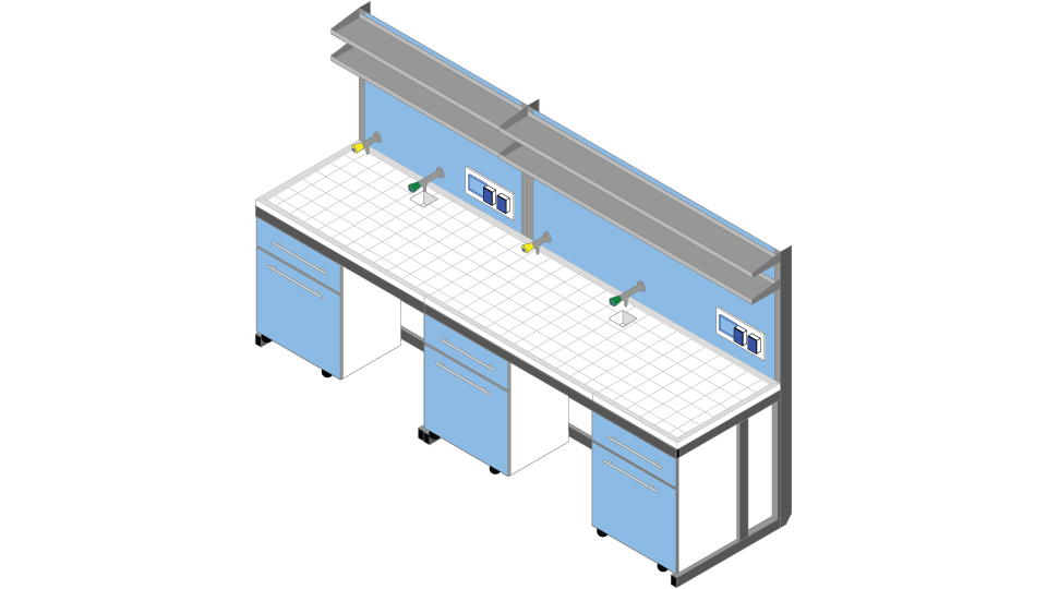 Banco parete piano Gres Porcellanato Piastrellato cm 300 x 83 x 90-170H con Modulo tecnico porta servizi e 2 ripiani