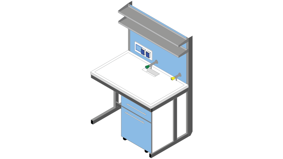 Banco parete piano Polipropilene cm 120 x 83 x 90-170H con Modulo tecnico porta servizi e 2 ripiani