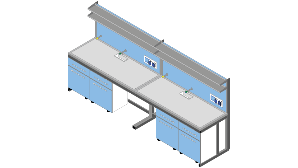 Banco parete piano Porcellanato monolitico su base acciaio cm 360 x 83 x 90-170H con Modulo tecnico portaservizi e 2 ripiani