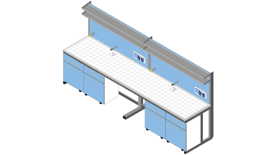 Banco parete piano Gres Porcellanato Piastrellato cm 360 x 83 x 90-170H con Mo- dulo tecnico porta servizi e 2 ripiani